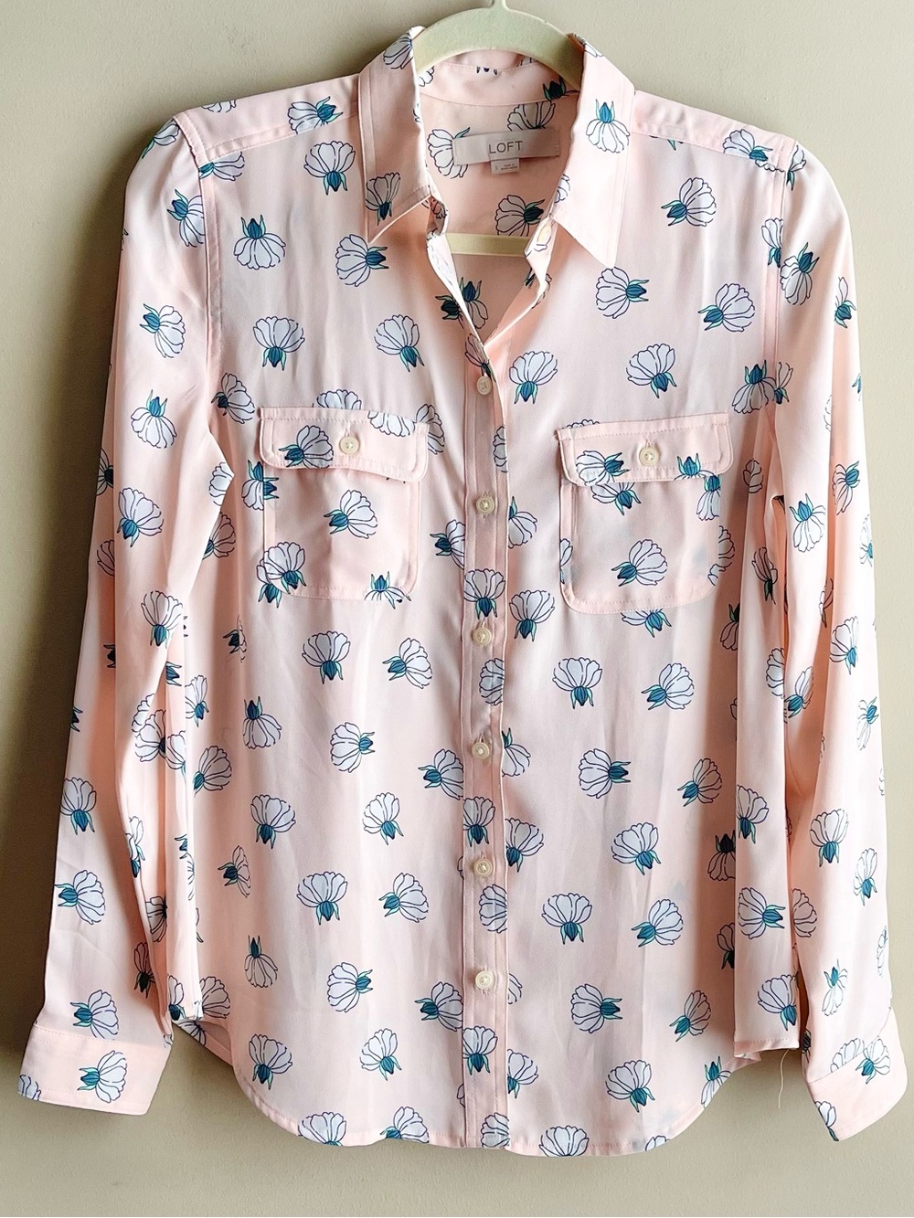 LOFT Soft Pink Floral Button-Up Long Sleeve Roll Tab Blouse